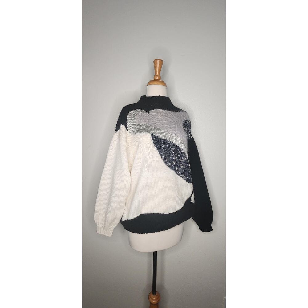 Vintage 80s Abstract Sweater | Black & White Mock Neck Pullover | Geometric Knit